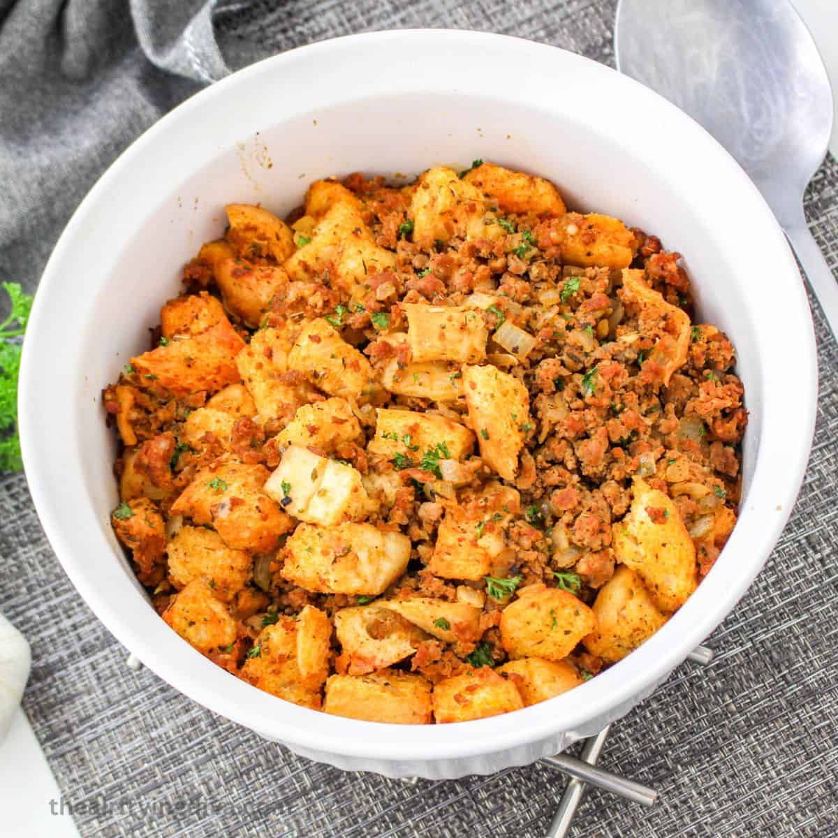 30 Minute Chorizo Stuffing an easy recipe for a spicy and bold holiday dish made with sausage, seasonings, and bread.