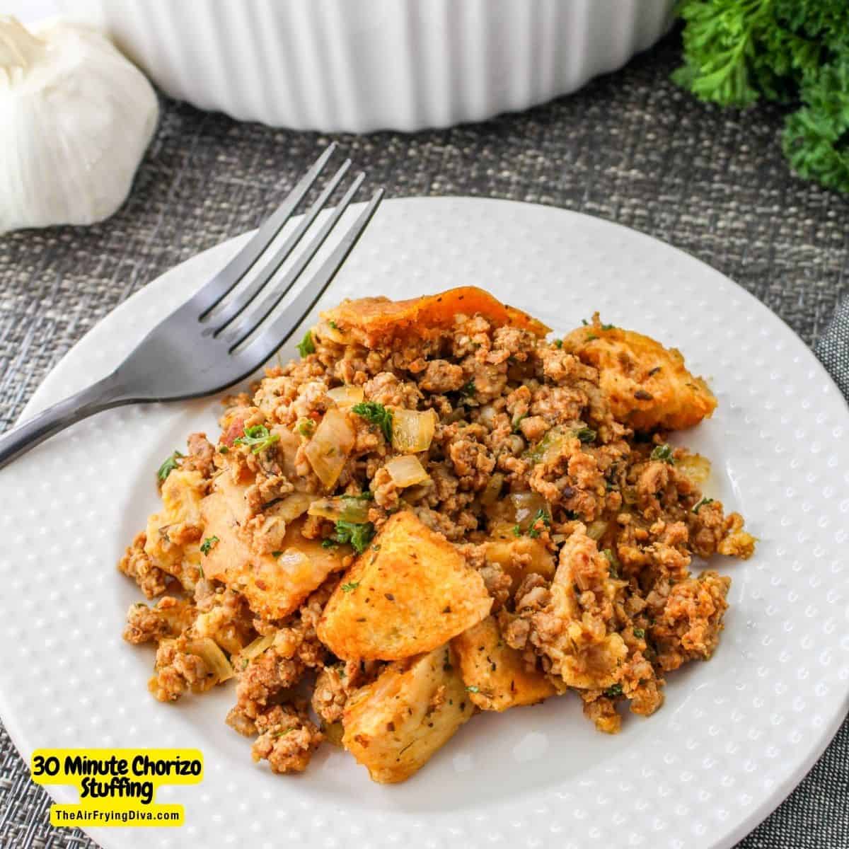 30 Minute Chorizo Stuffing an easy recipe for a spicy and bold holiday dish made with sausage, seasonings, and bread.