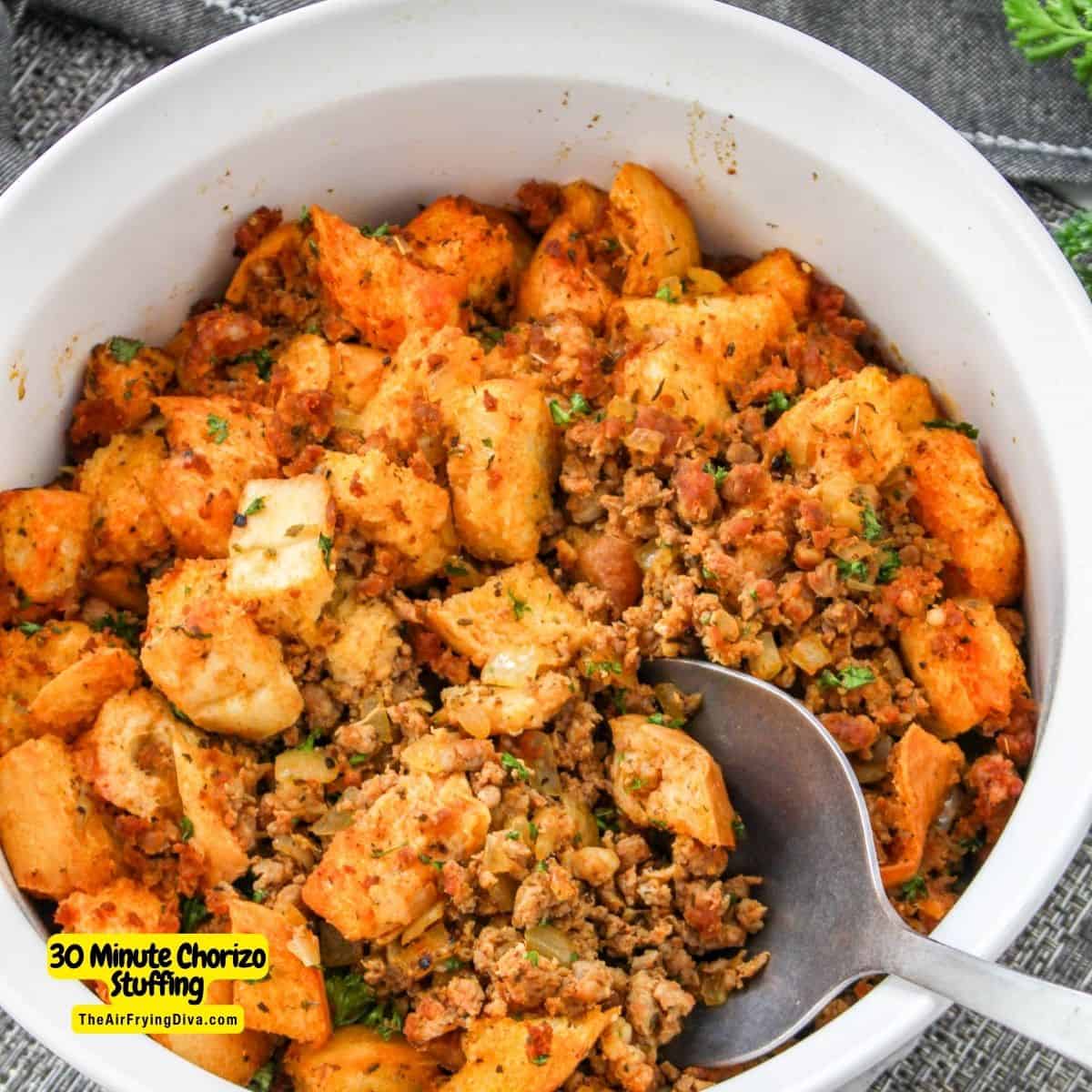 30 Minute Chorizo Stuffing an easy recipe for a spicy and bold holiday dish made with sausage, seasonings, and bread.