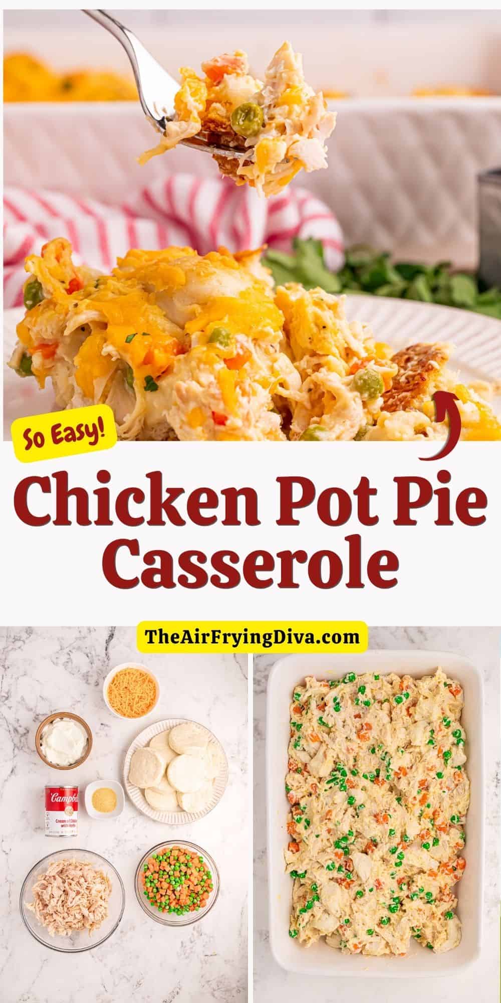 Chicken Pot Pie Casserole, an easy rich and creamy bubble style recipe made with refrigerated biscuits, soup, and chicken.