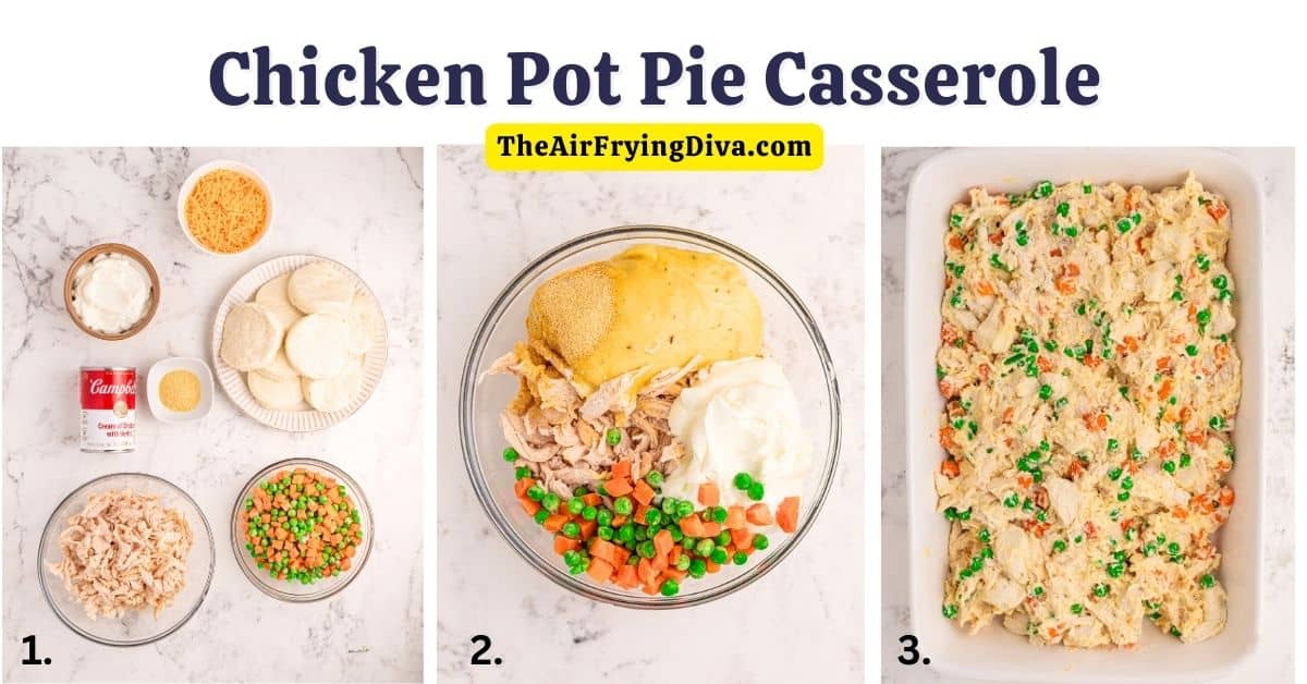 Chicken Pot Pie Casserole, an easy rich and creamy bubble style recipe made with refrigerated biscuits, soup, and chicken.