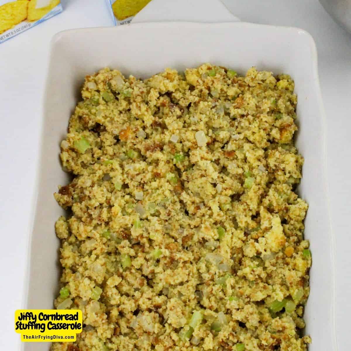 Jiffy Cornbread Stuffing Casserole, a quick and easy mouthwatering holiday dressing recipe made with simple ingredients.