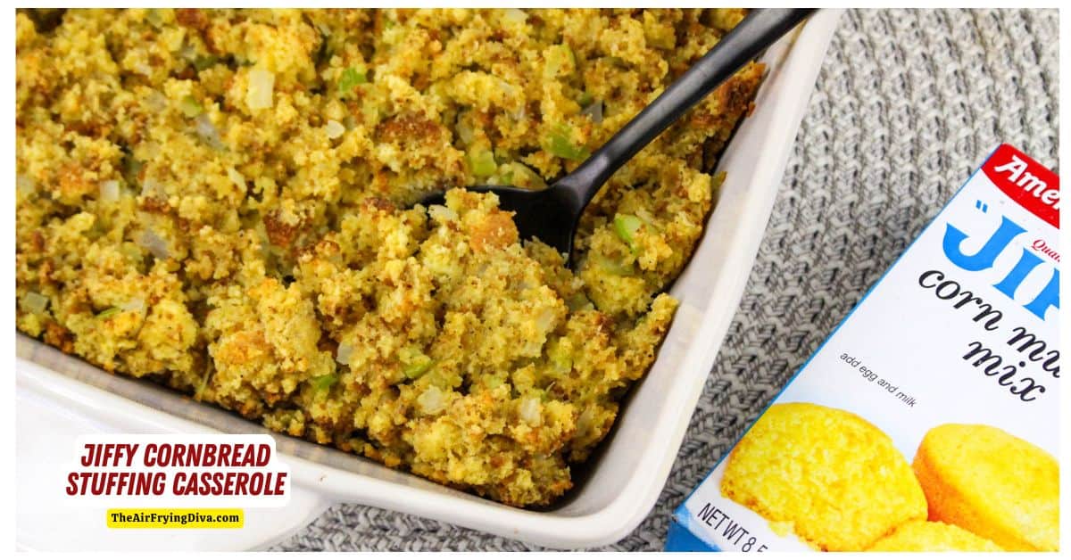 Jiffy Cornbread Stuffing Casserole, a quick and easy mouthwatering holiday dressing recipe made with simple ingredients.