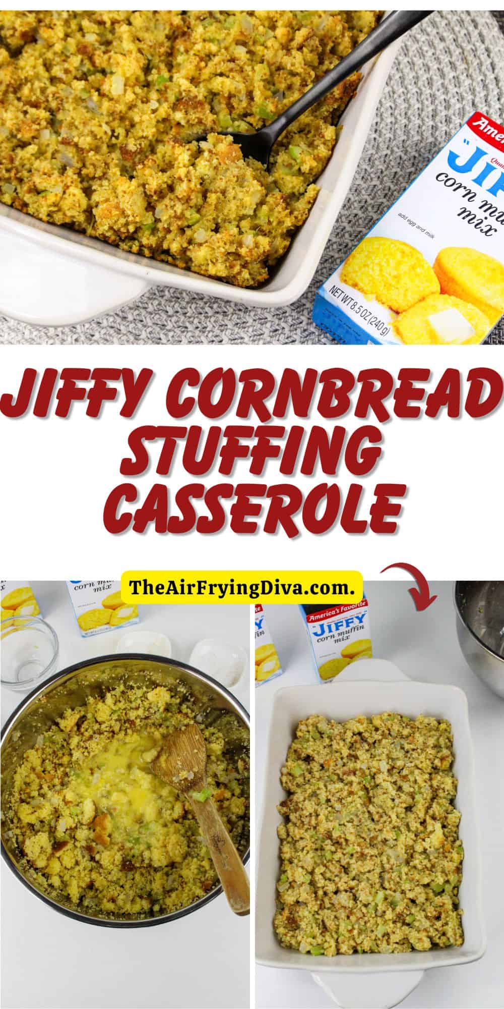 Jiffy Cornbread Stuffing Casserole, a quick and easy mouthwatering holiday dressing recipe made with simple ingredients.