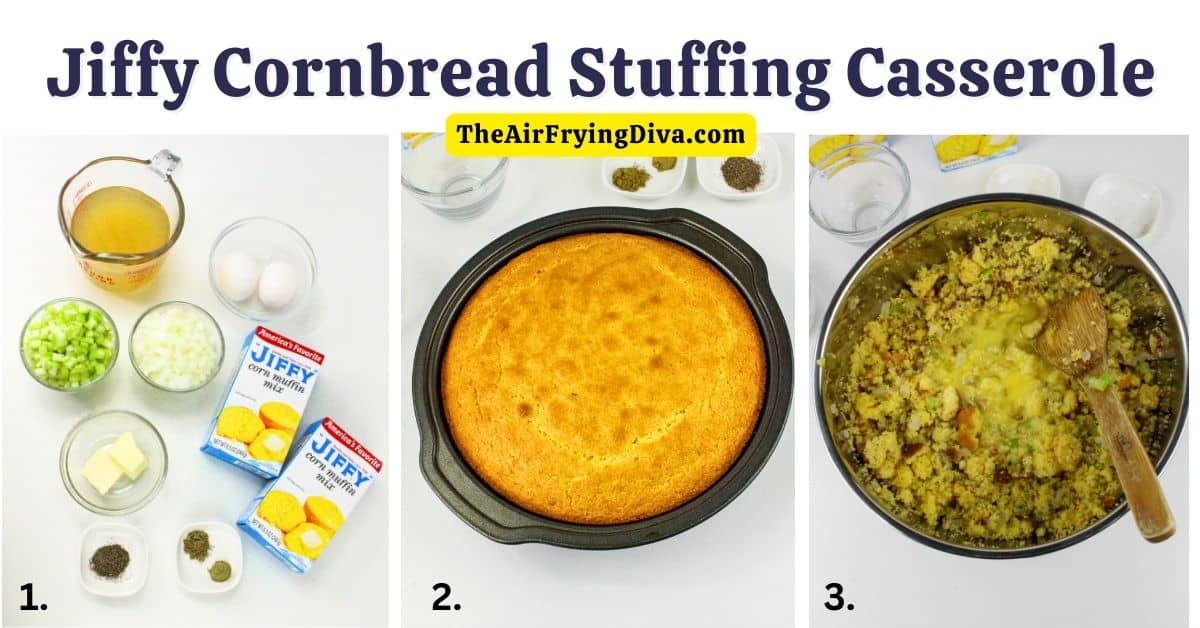 Jiffy Cornbread Stuffing Casserole, a quick and easy mouthwatering holiday dressing recipe made with simple ingredients.