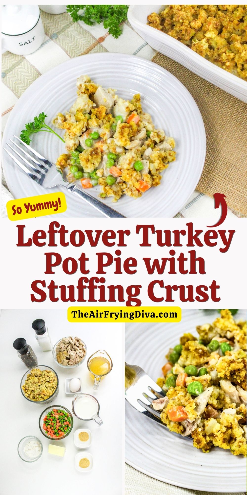 Leftover Turkey Pot Pie with Stuffing Crust, an easy and delicious meal recipe made with holiday meal leftover food.