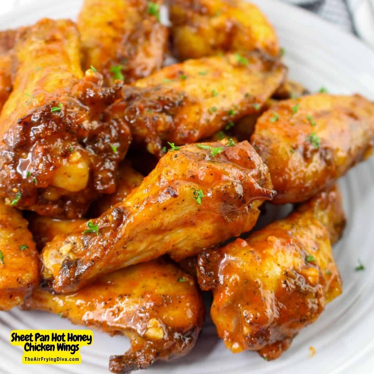 Sheet Pan Hot Honey Chicken Wings, an easy chicken recipe featuring savory, spicy, and sweet flavors, oven baked to mouthwatering perfection.