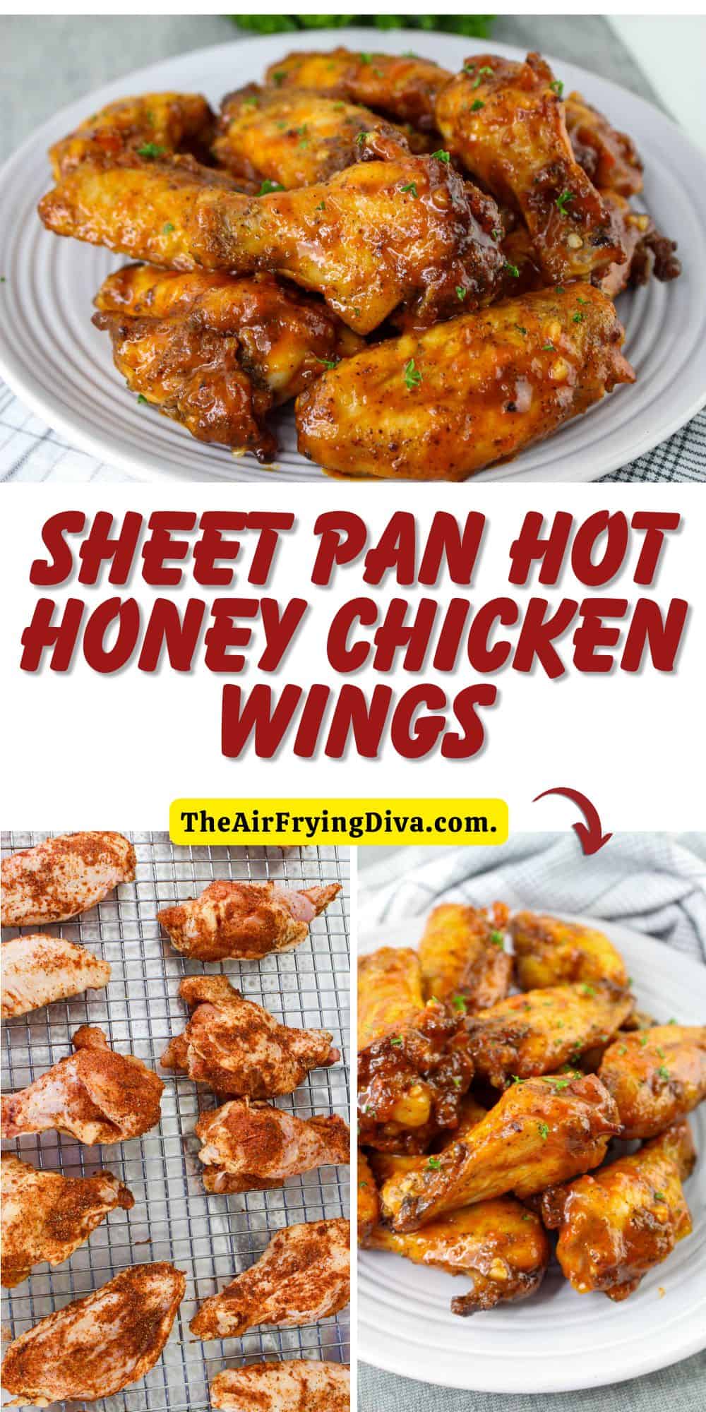 Sheet Pan Hot Honey Chicken Wings, an easy chicken recipe featuring savory, spicy, and sweet flavors, oven baked to mouthwatering perfection.