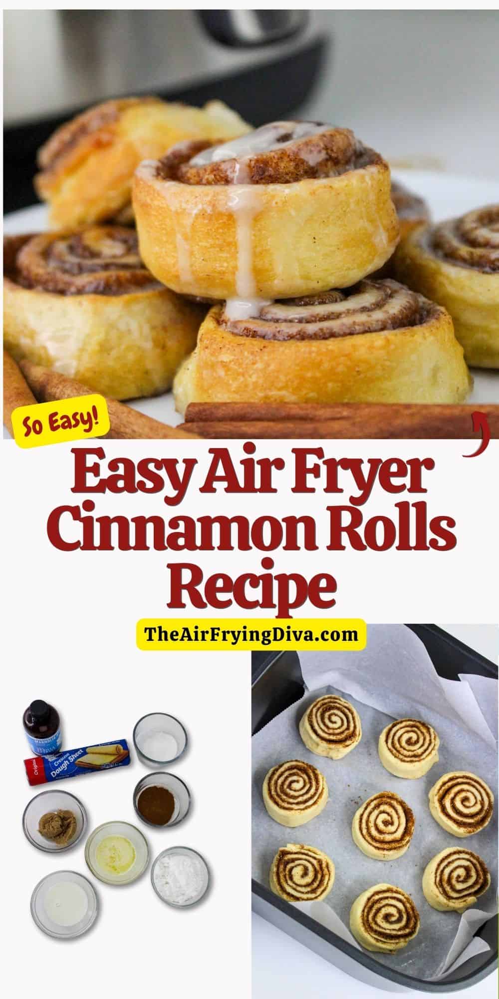 Easy Air Fryer Cinnamon Rolls Recipe, a simple 20 minute recipe for turning crescent roll dough into a warm and gooey treat!