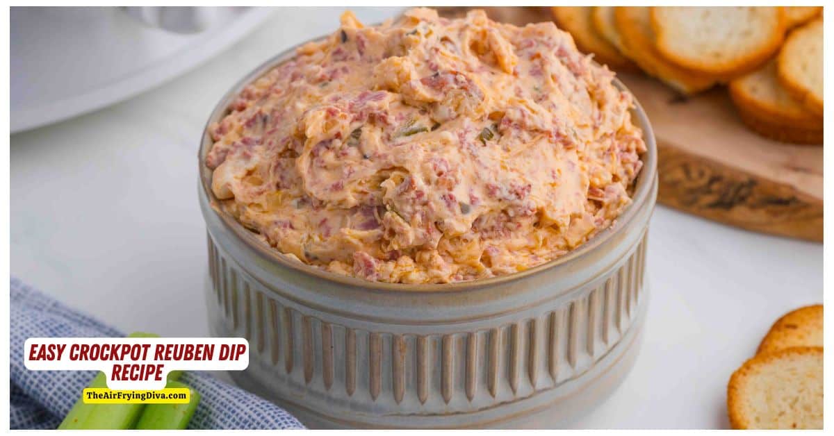 Easy Crockpot Reuben Dip Recipe, a delicious cheesy and savory warm appetizer recipe that is perfect for parties and game day gatherings.