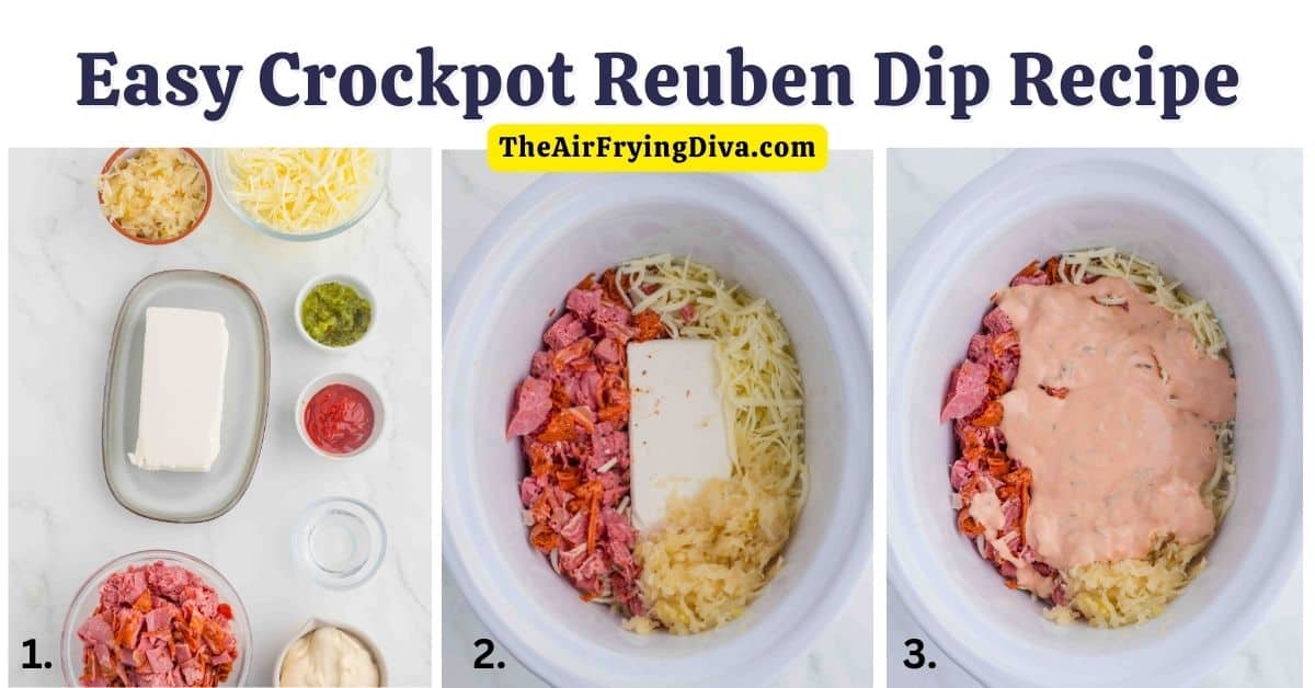 Easy Crockpot Reuben Dip Recipe, a delicious cheesy and savory warm appetizer recipe that is perfect for parties and game day gatherings.