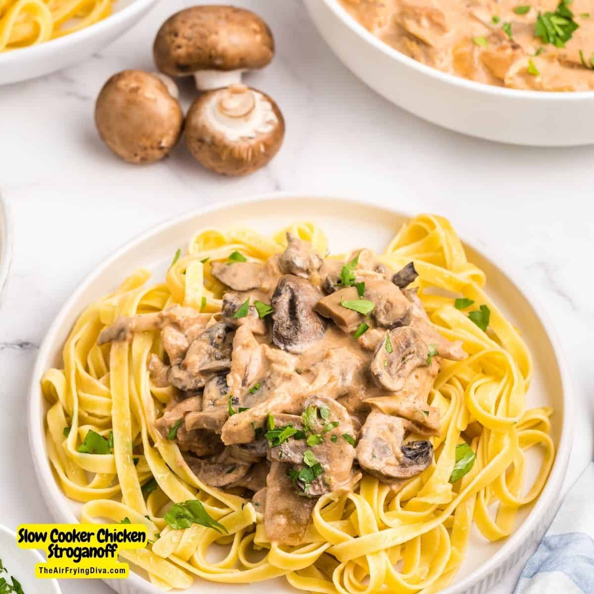 Slow Cooker Chicken Stroganoff, an easy crock pot recipe for a hearty and comforting dish featuring chicken breast in creamy sauce. 