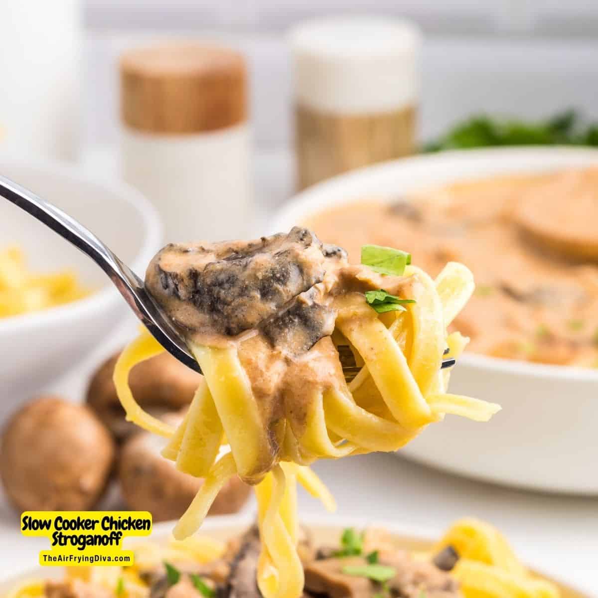 Slow Cooker Chicken Stroganoff, an easy crock pot recipe for a hearty and comforting dish featuring chicken breast in creamy sauce. 