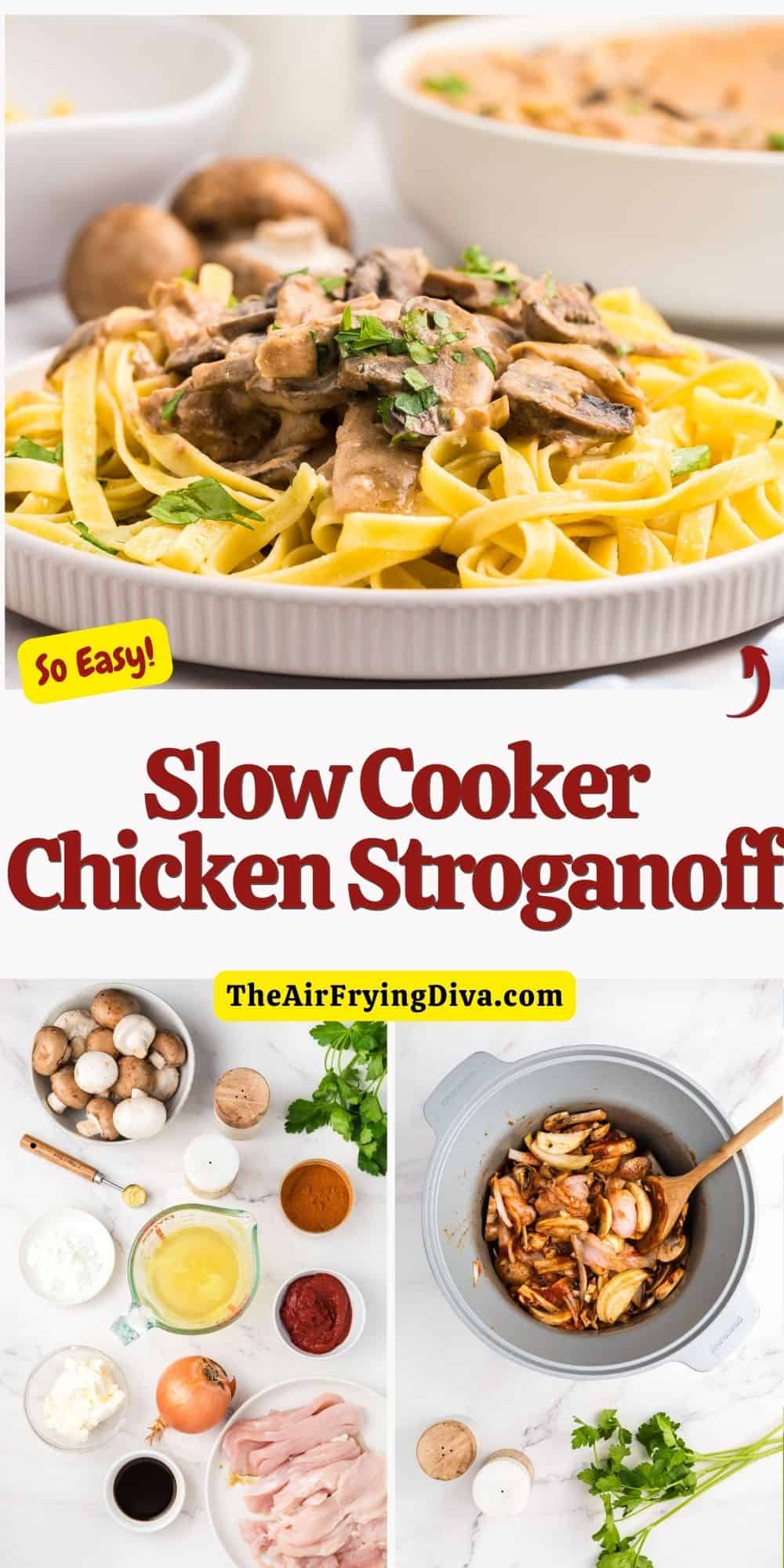 Slow Cooker Chicken Stroganoff, an easy crock pot recipe for a hearty and comforting dish featuring chicken breast in creamy sauce. 