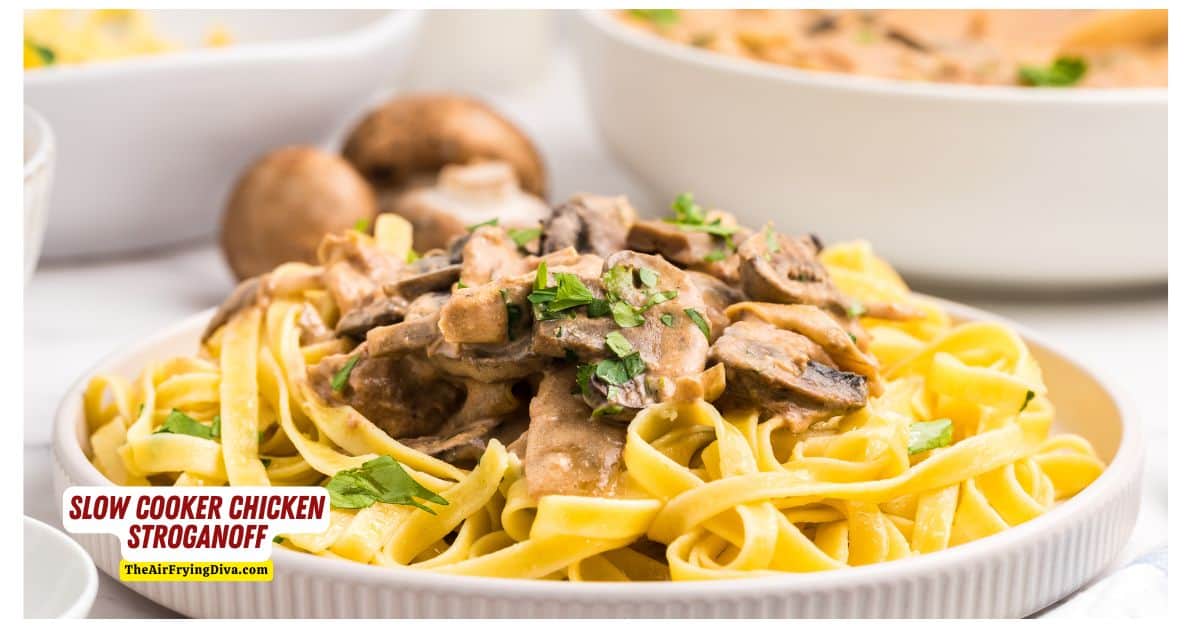 Slow Cooker Chicken Stroganoff, an easy crock pot recipe for a hearty and comforting dish featuring chicken breast in creamy sauce. 