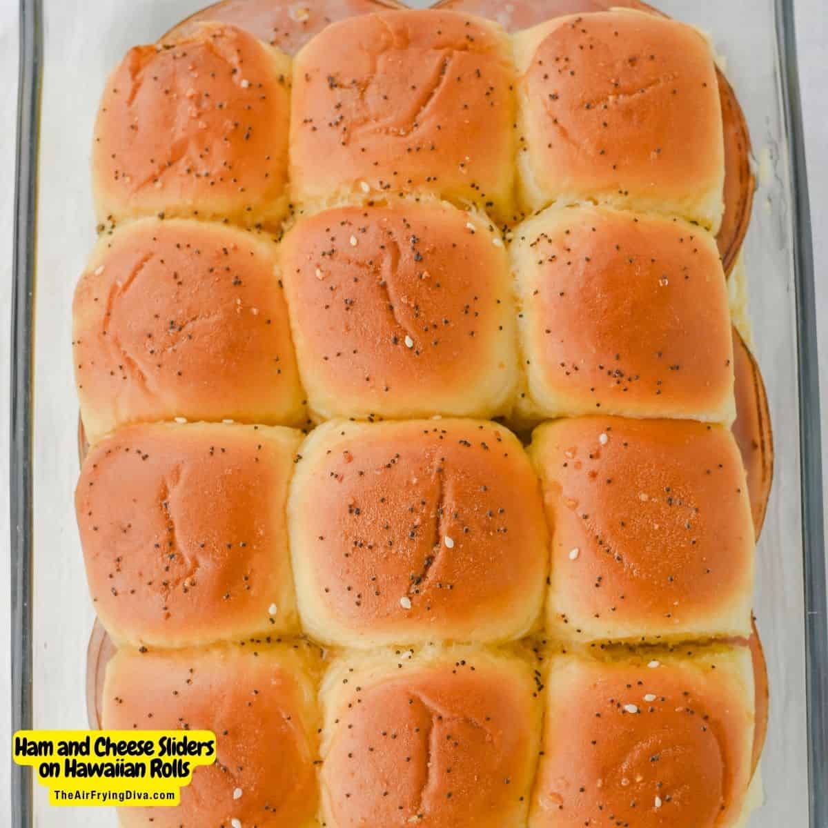 Ham and Cheese Sliders on Hawaiian Rolls,  a delicious and easy-to-make appetizer or meal recipe made with black forest ham and sweet rolls.