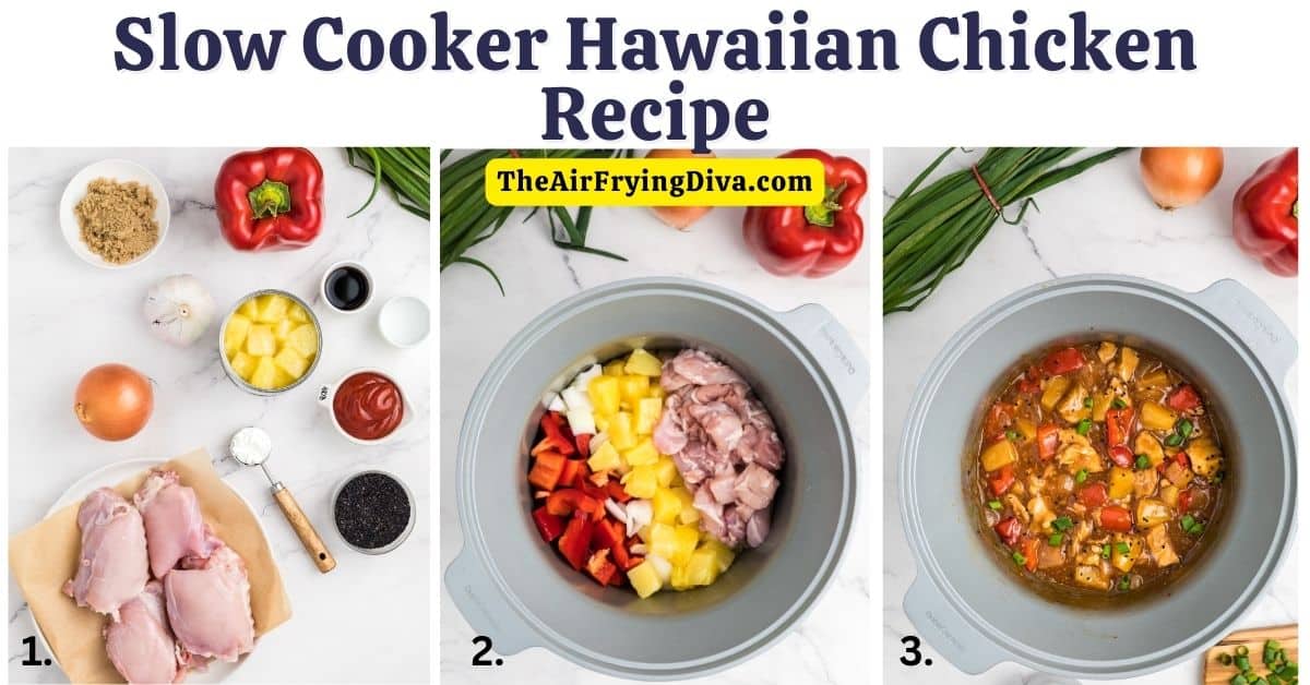 Slow Cooker Hawaiian Chicken Recipe, a simple and delicious crockpot recipe made with chicken thighs in a sweet and savory sauce.