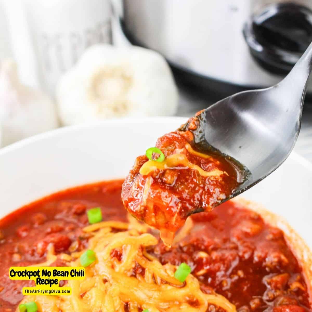 Crockpot No Bean Chili Recipe, a simple and hearty meal made with ground beef and savory seasonings, slow cooked to perfection.