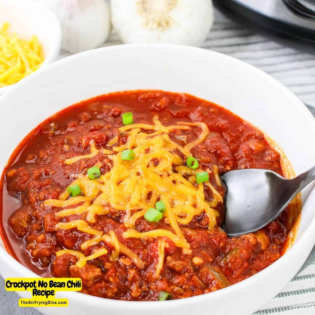 Crockpot No Bean Chili Recipe, a simple and hearty meal made with ground beef and savory seasonings, slow cooked to perfection.