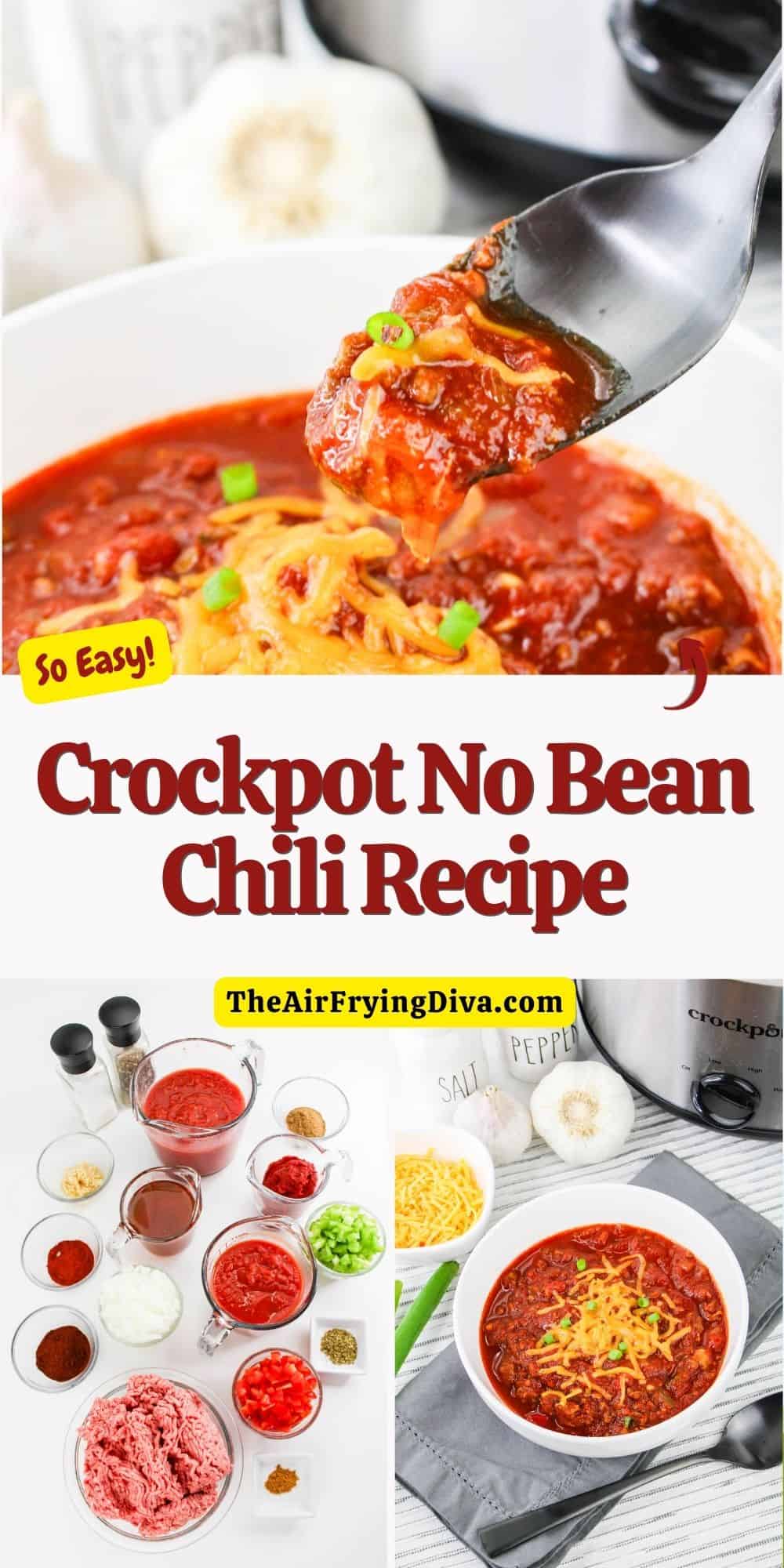 Crockpot No Bean Chili Recipe, a simple and hearty meal made with ground beef and savory seasonings, slow cooked to perfection.