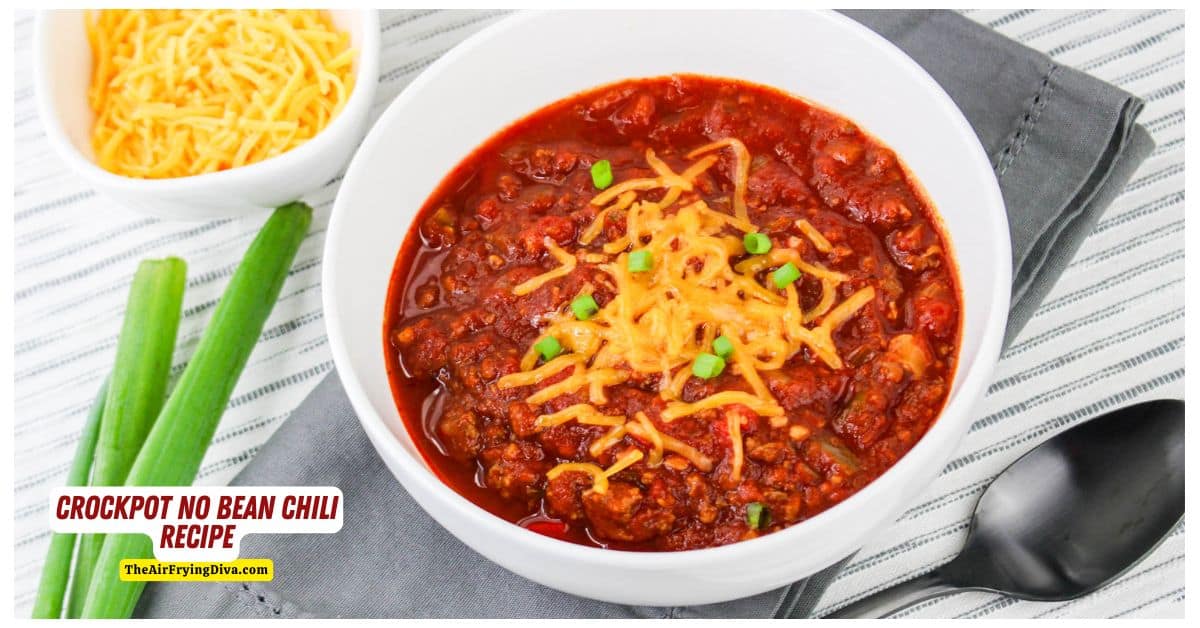 Crockpot No Bean Chili Recipe, a simple and hearty meal made with ground beef and savory seasonings, slow cooked to perfection.