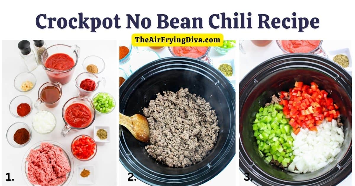 Crockpot No Bean Chili Recipe, a simple and hearty meal made with ground beef and savory seasonings, slow cooked to perfection.