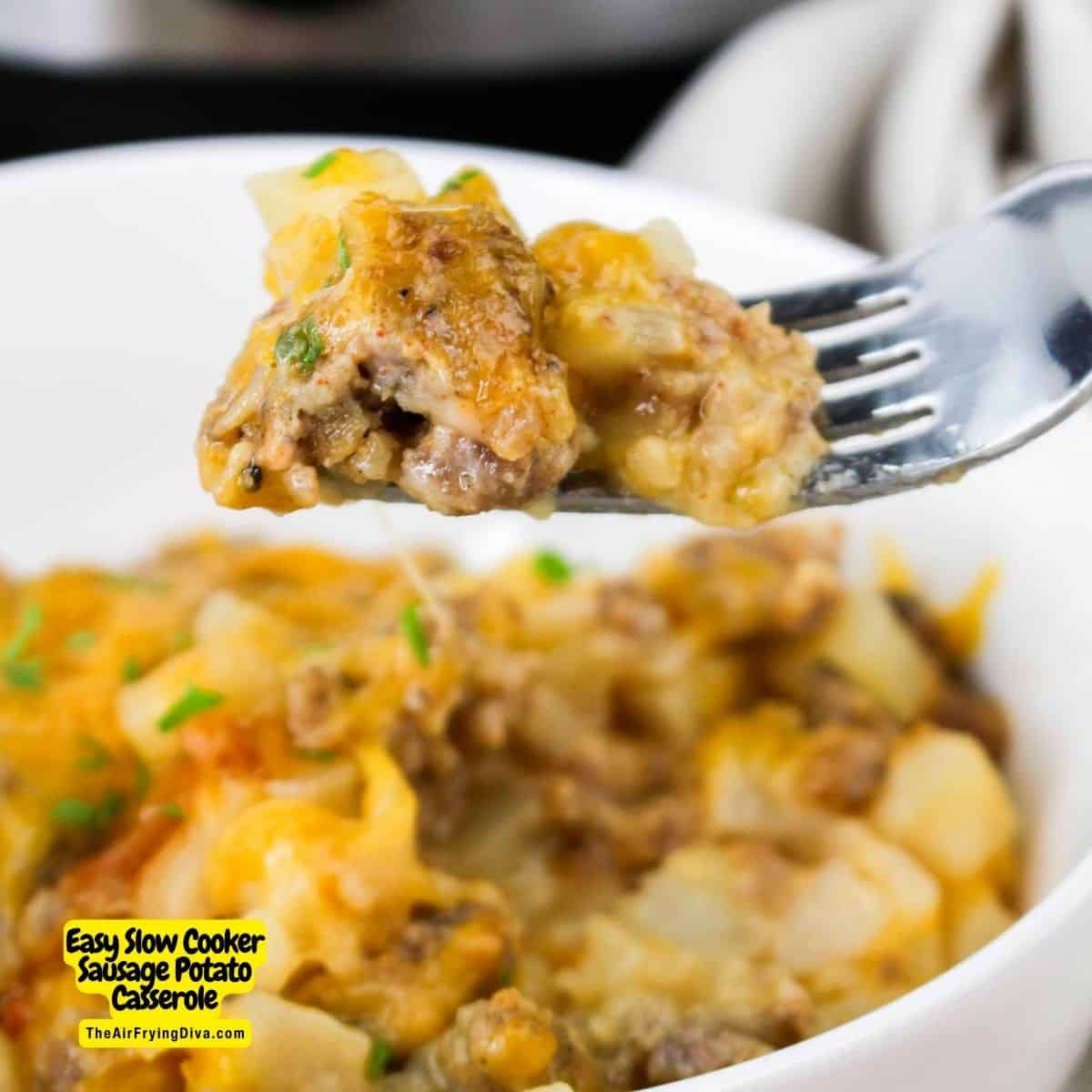 Easy Slow Cooker Sausage Potato Casserole, a simple and delicious crockpot recipe made with hash browns and ground sausage.