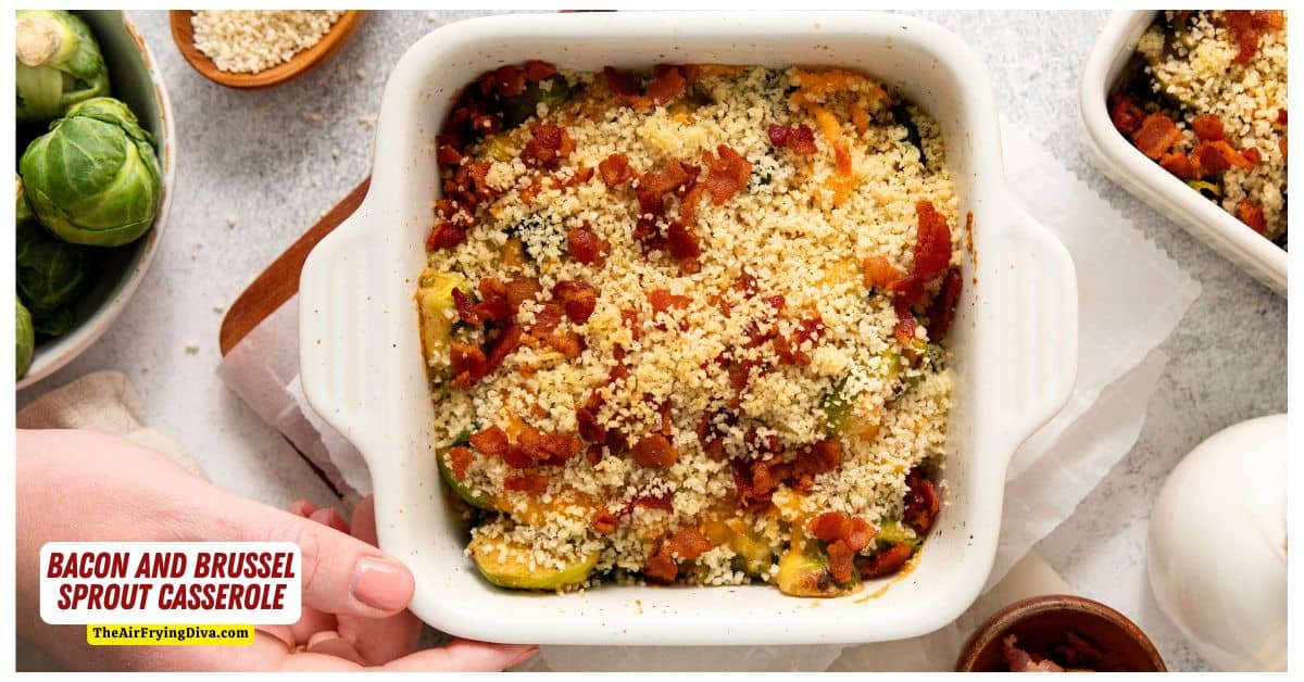 Bacon and Brussel Sprout Casserole, a simple, comforting, and savory baked dish  in a creamy sauce and topped with cheddar cheese.