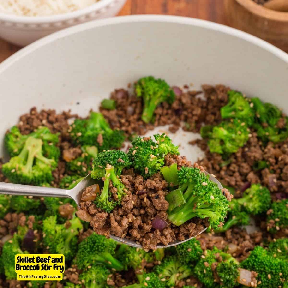 Skillet Beef and Broccoli Stir Fry, a quick and easy savory dinner recipe made with ground beef in under 30 minutes.