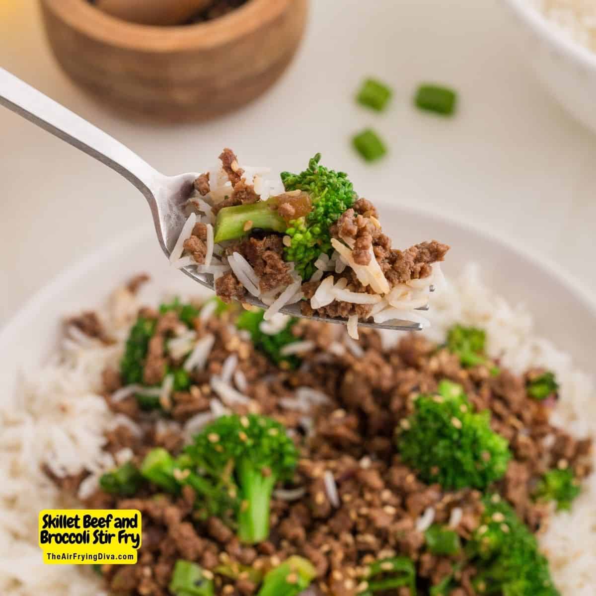 Skillet Beef and Broccoli Stir Fry, a quick and easy savory dinner recipe made with ground beef in under 30 minutes.