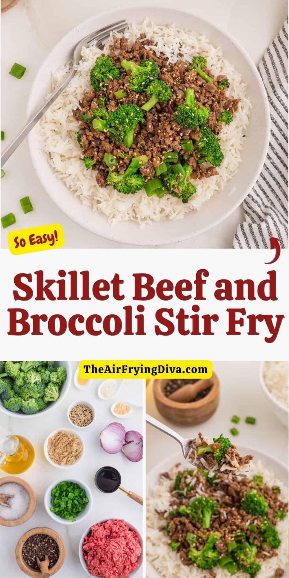 Skillet Beef and Broccoli Stir Fry, a quick and easy savory dinner recipe made with ground beef in under 30 minutes.