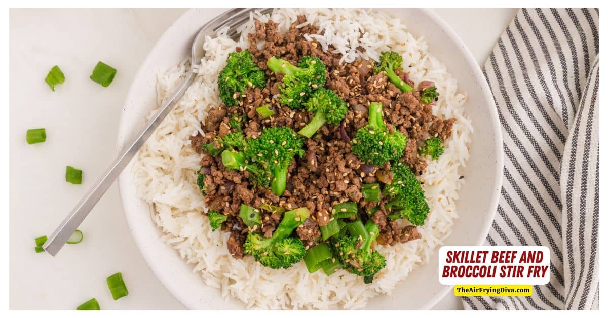 Skillet Beef and Broccoli Stir Fry, a quick and easy savory dinner recipe made with ground beef in under 30 minutes.