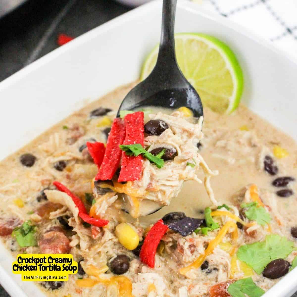 Crockpot Creamy Chicken Tortilla Soup, a simple, hearty, and flavorful soup recipe that is slow cooked to delicious perfection! 