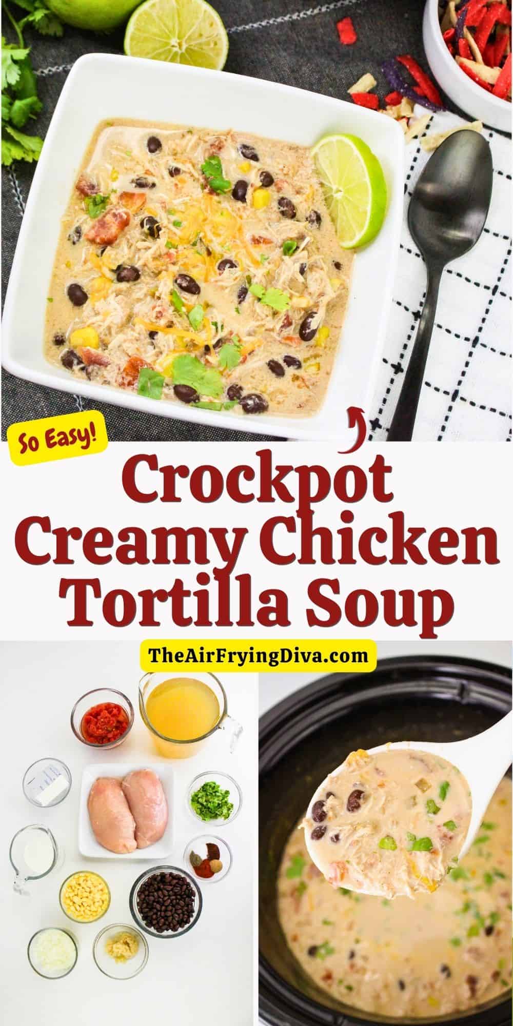 Crockpot Creamy Chicken Tortilla Soup, a simple, hearty, and flavorful soup recipe that is slow cooked to delicious perfection! 