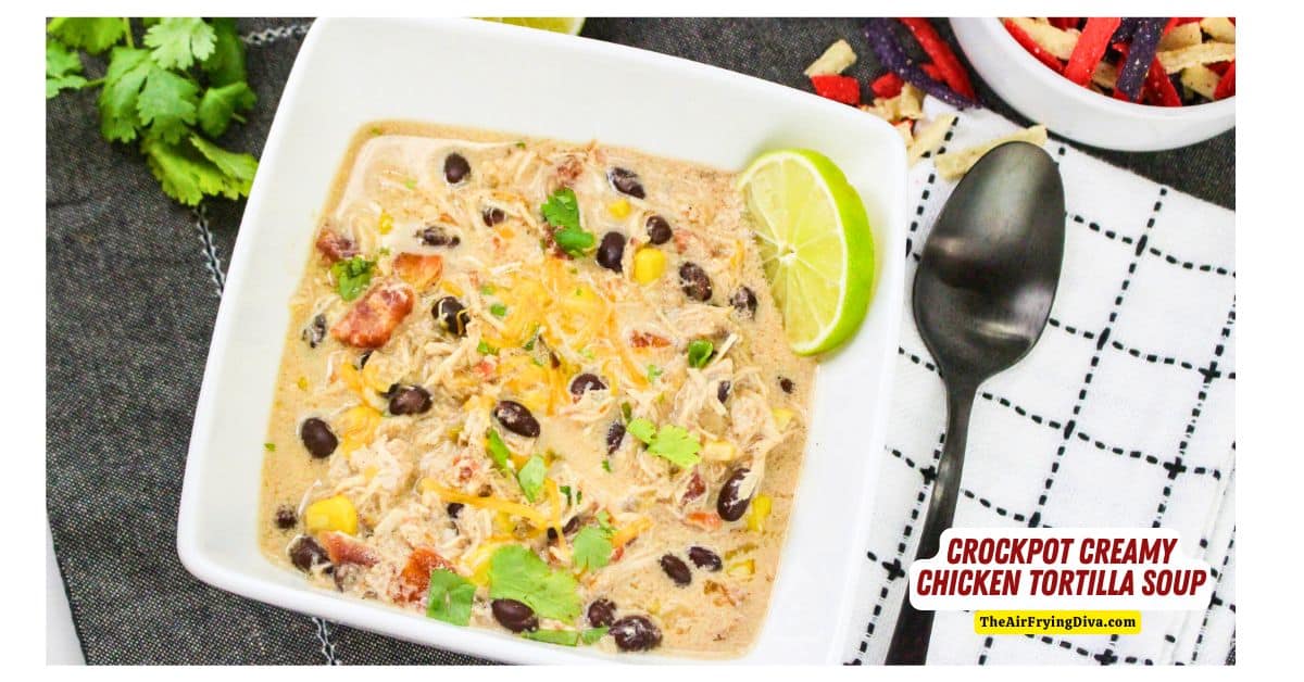 Crockpot Creamy Chicken Tortilla Soup, a simple, hearty, and flavorful soup recipe that is slow cooked to delicious perfection! 