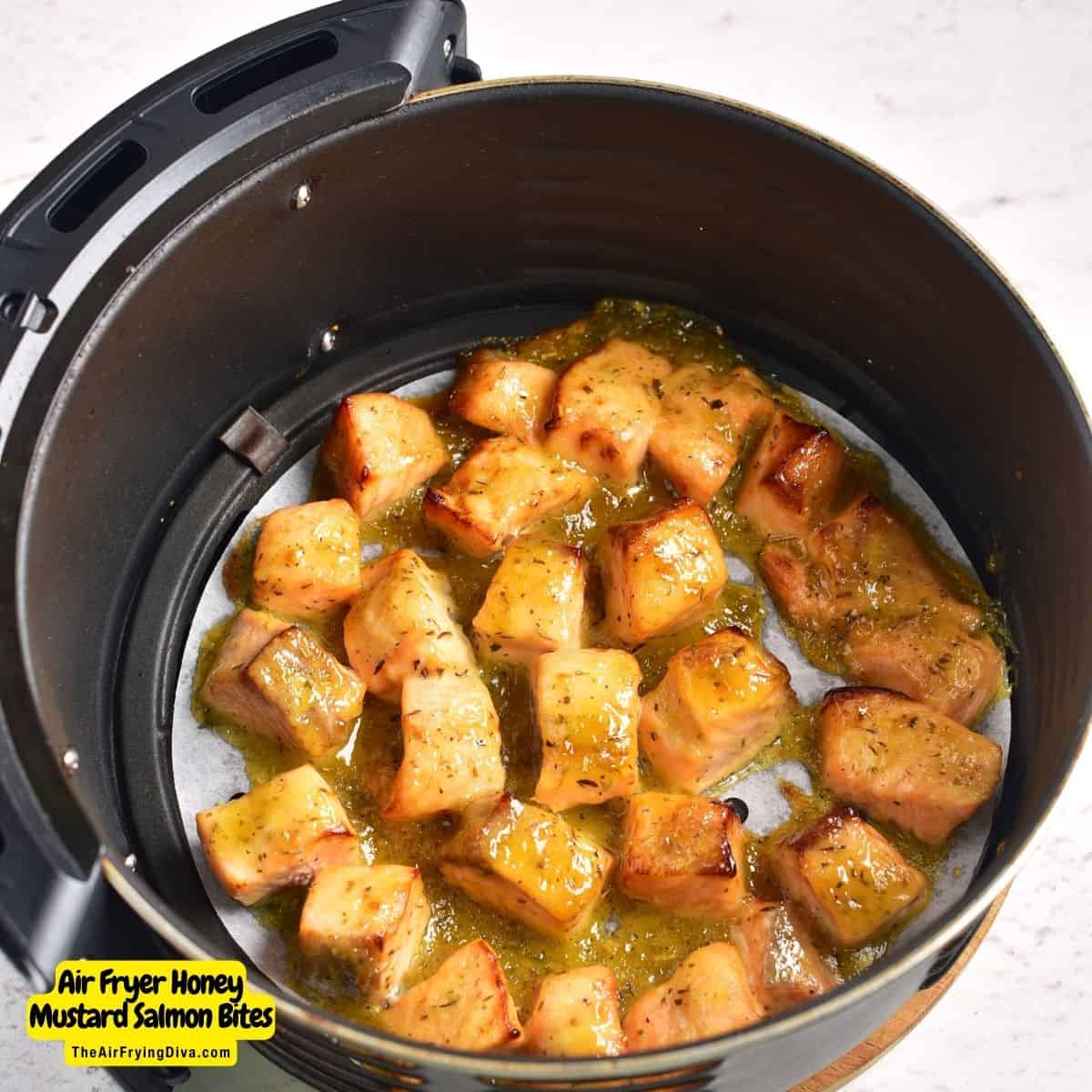 Air Fryer Honey Mustard Salmon Bites, delicious chunks of salmon  air fried to juicy and flavorful perfection in honey dijon marinade.