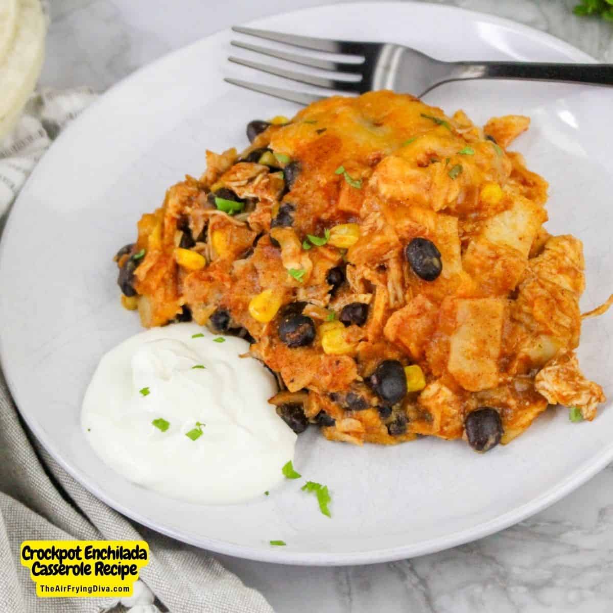 Crockpot Enchilada Casserole Recipe, a delicious meal recipe featuring chicken breasts slow cooked to perfection in sauce with cheese.