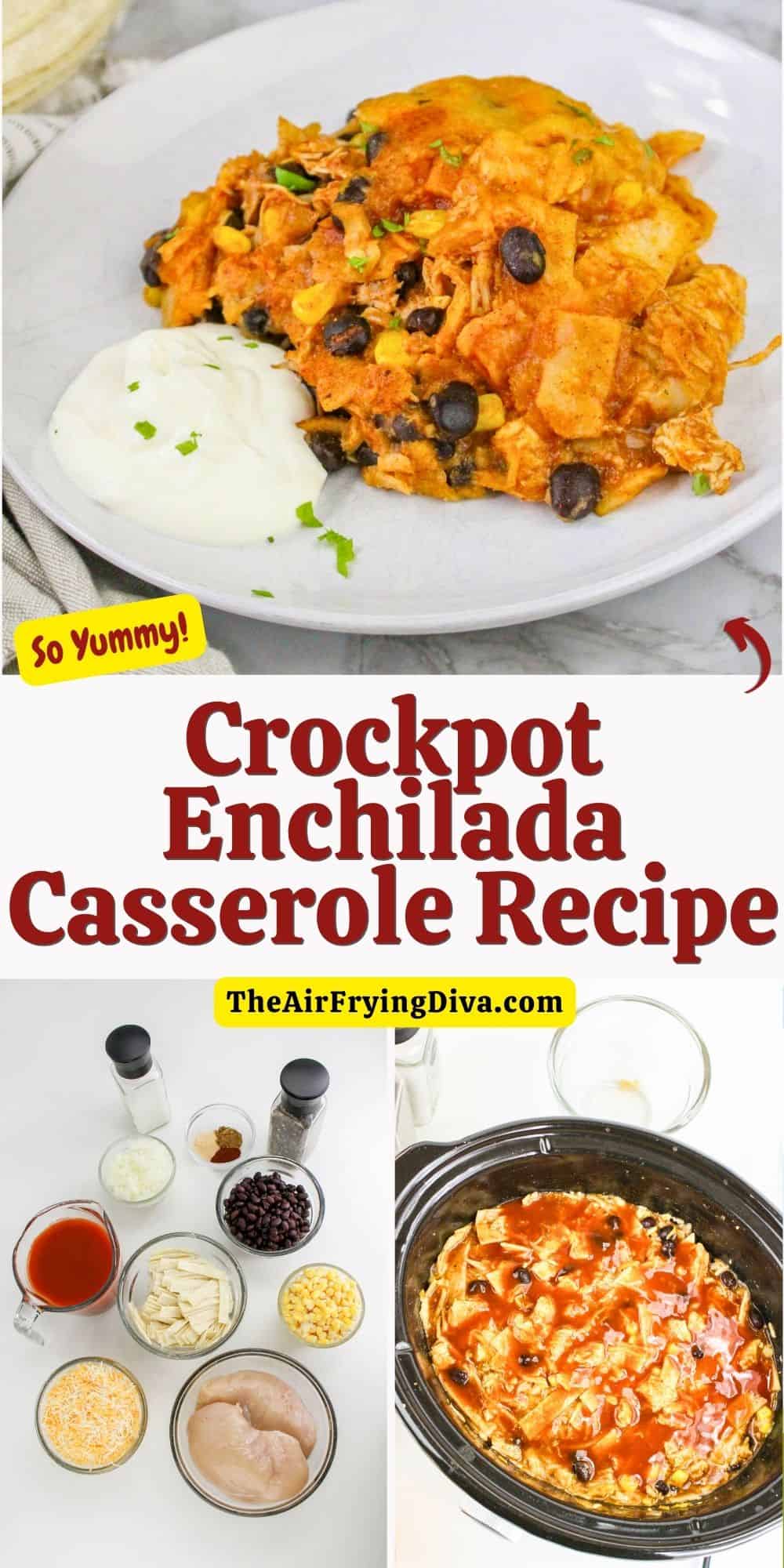 Crockpot Enchilada Casserole Recipe, a delicious meal recipe featuring chicken breasts slow cooked to perfection in sauce with cheese.