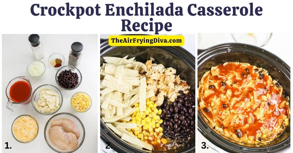 Crockpot Enchilada Casserole Recipe, a delicious meal recipe featuring chicken breasts slow cooked to perfection in sauce with cheese.
