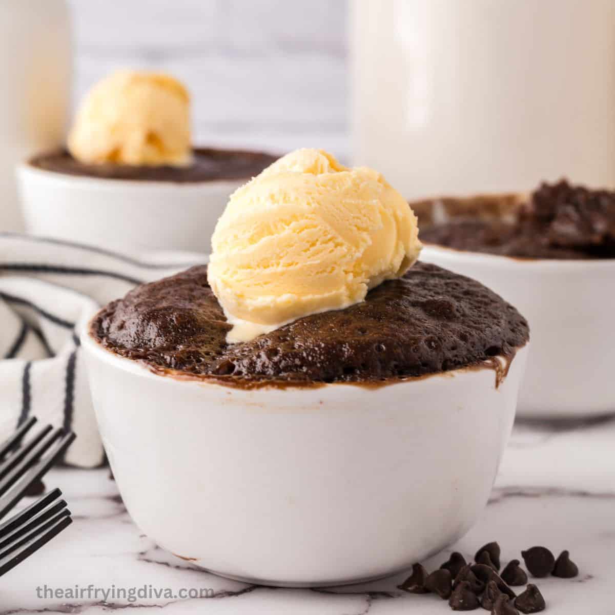 2 Minute Microwave Chocolate Cake, a quick and easy dessert recipe for a moist and fudgy cake baked in individual servings.