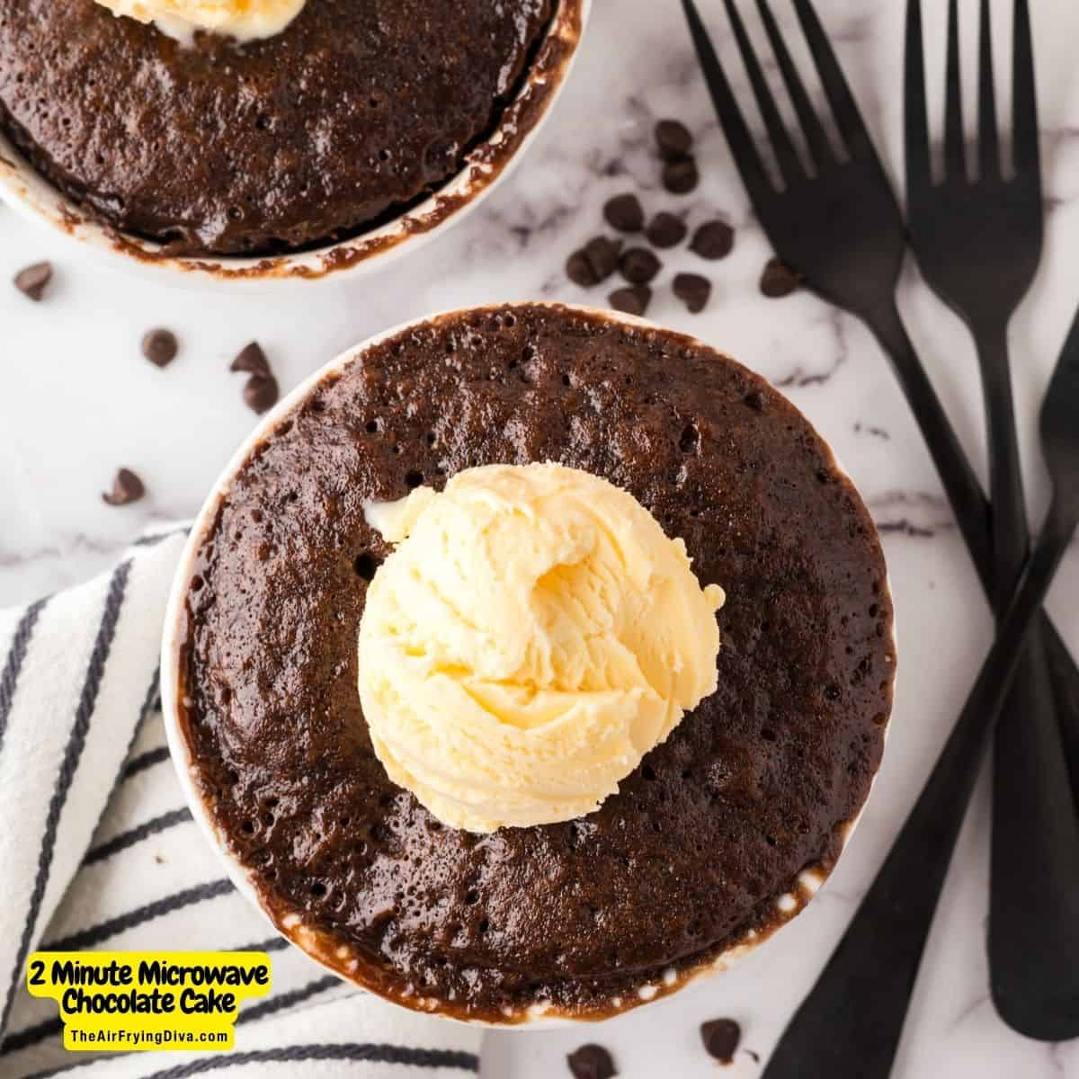 2 Minute Microwave Chocolate Cake, a quick and easy dessert recipe for a moist and fudgy cake baked in individual servings.