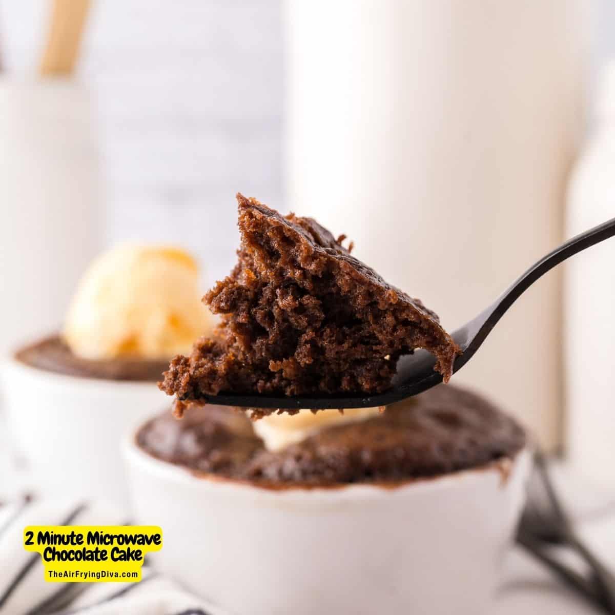 2 Minute Microwave Chocolate Cake, a quick and easy dessert recipe for a moist and fudgy cake baked in individual servings.
