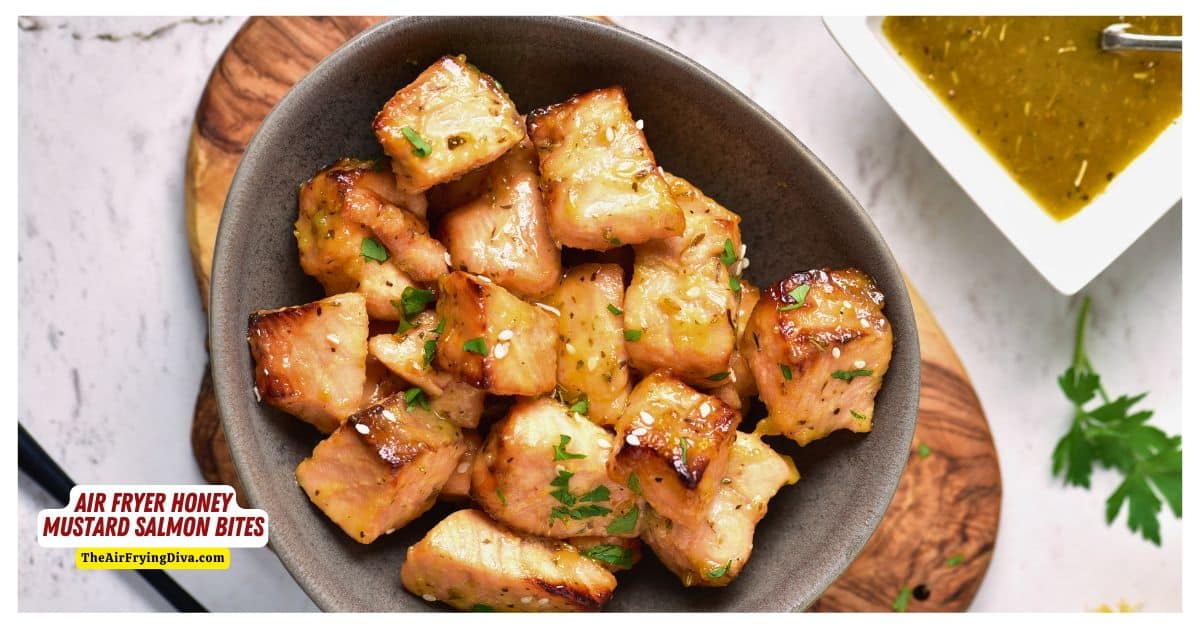 Air Fryer Honey Mustard Salmon Bites, delicious chunks of salmon air fried to juicy and flavorful perfection in honey dijon marinade. Air Fryer Honey Mustard Salmon Bites, delicious chunks of salmon air fried to juicy and flavorful perfection in honey dijon marinade.