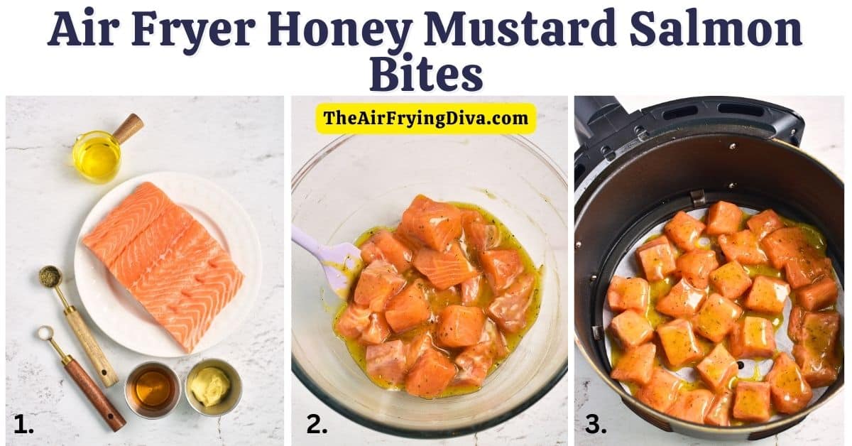 Air Fryer Honey Mustard Salmon Bites, delicious chunks of salmon  air fried to juicy and flavorful perfection in honey dijon marinade.