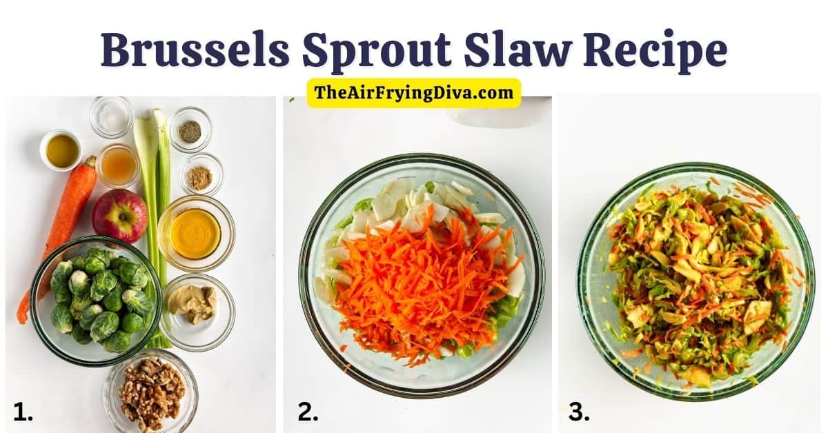 Brussels Sprout Slaw Recipe, a quick and simple side or appetizer recipe made with apple and carrot in a maple vinaigrette dressing.