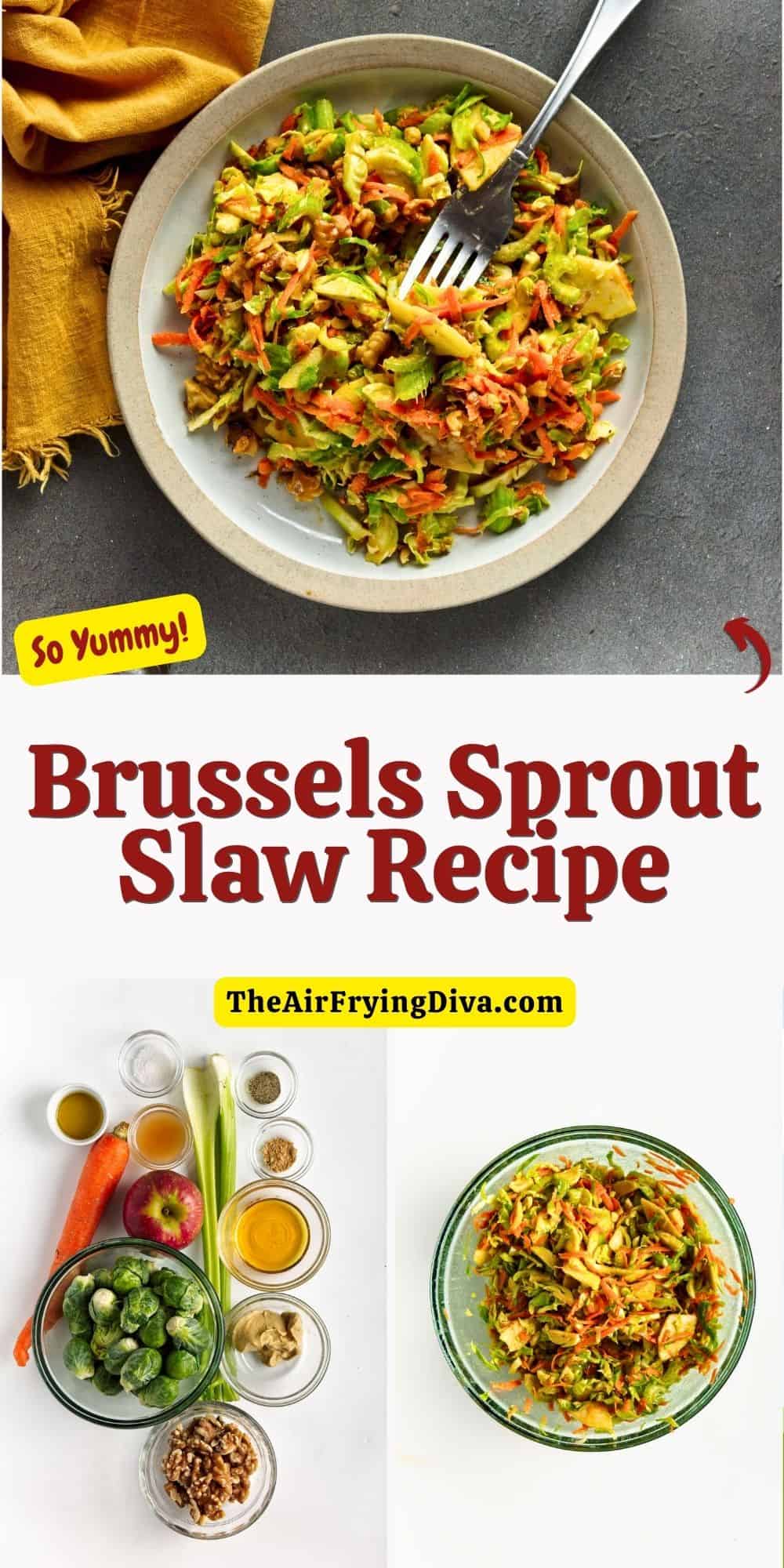 Brussels Sprout Slaw Recipe, a quick and simple side or appetizer recipe made with apple and carrot in a maple vinaigrette dressing.