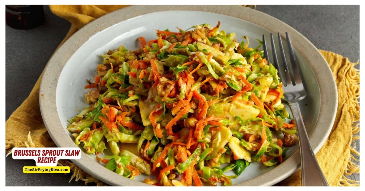 Brussels Sprout Slaw Recipe, a quick and simple side or appetizer recipe made with apple and carrot in a maple vinaigrette dressing.