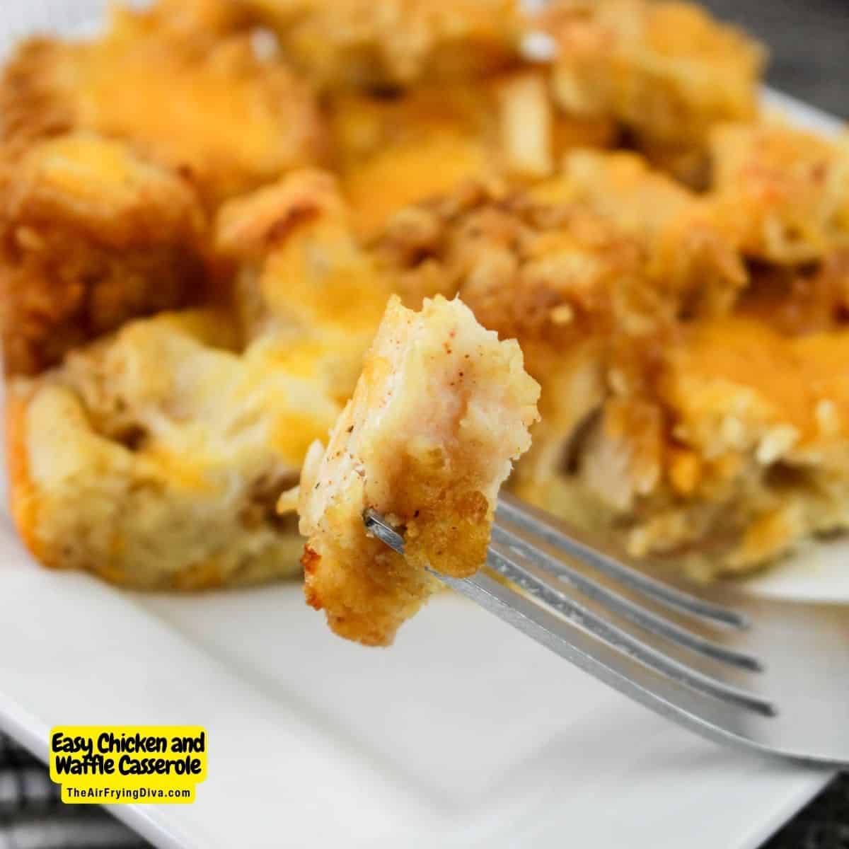 Easy Chicken and Waffle Casserole is a simple breakfast or brunch recipe made with frozen waffles and chicken tenders.