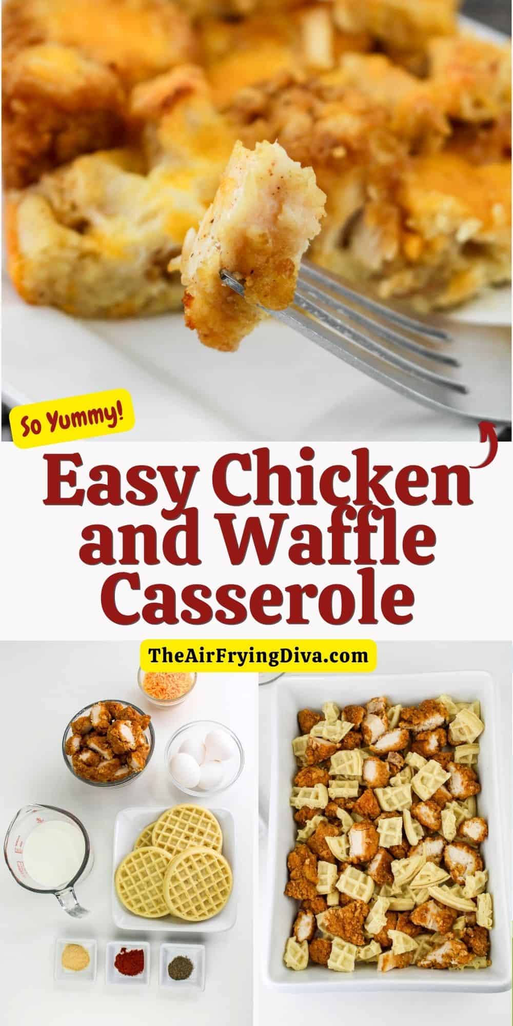 Easy Chicken and Waffle Casserole is a simple breakfast or brunch recipe made with frozen waffles and chicken tenders.