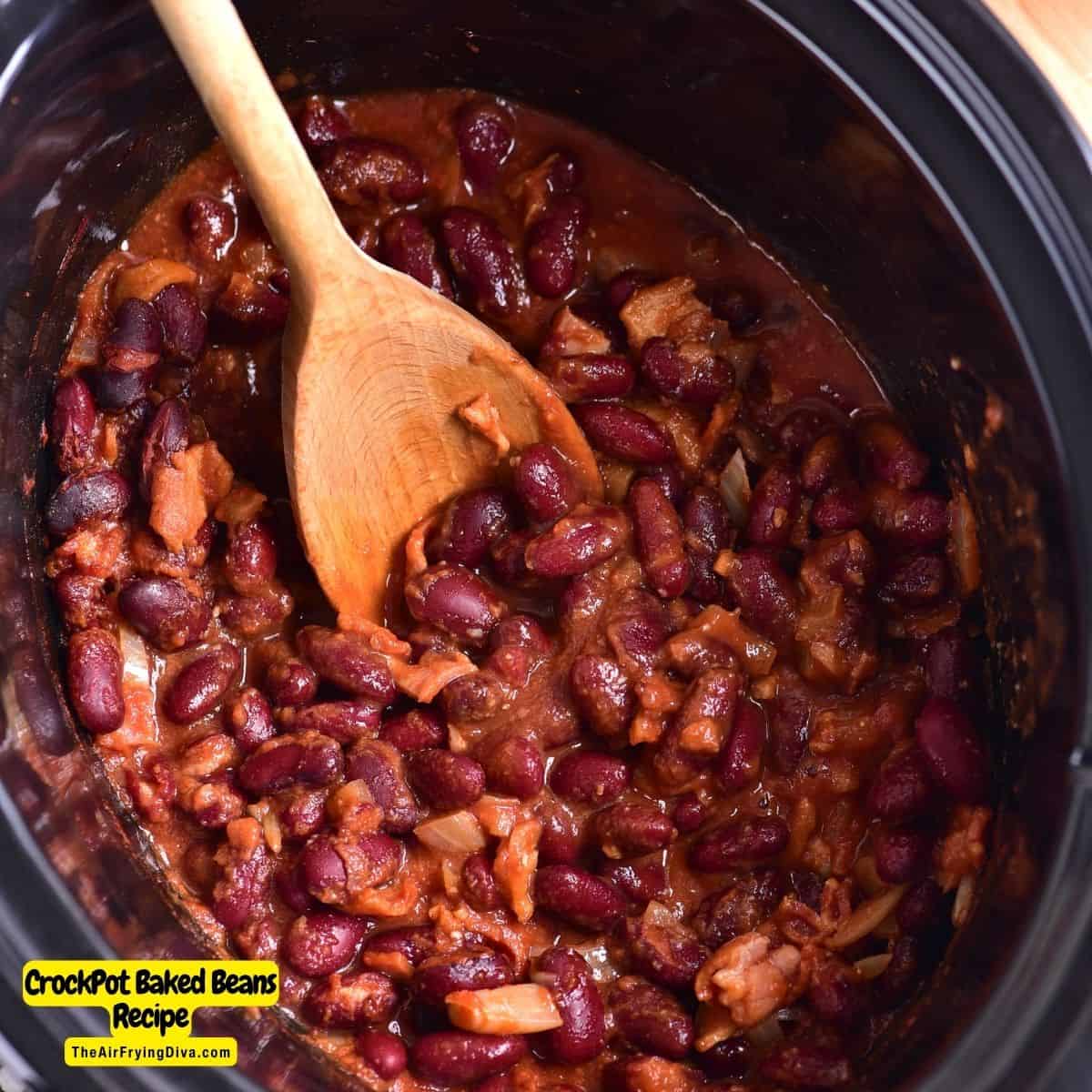 CrockPot Baked Beans Recipe, a simple recipe for beans cooked in a slow cooker to perfection in a Savory, Sweet and and rich sauce.